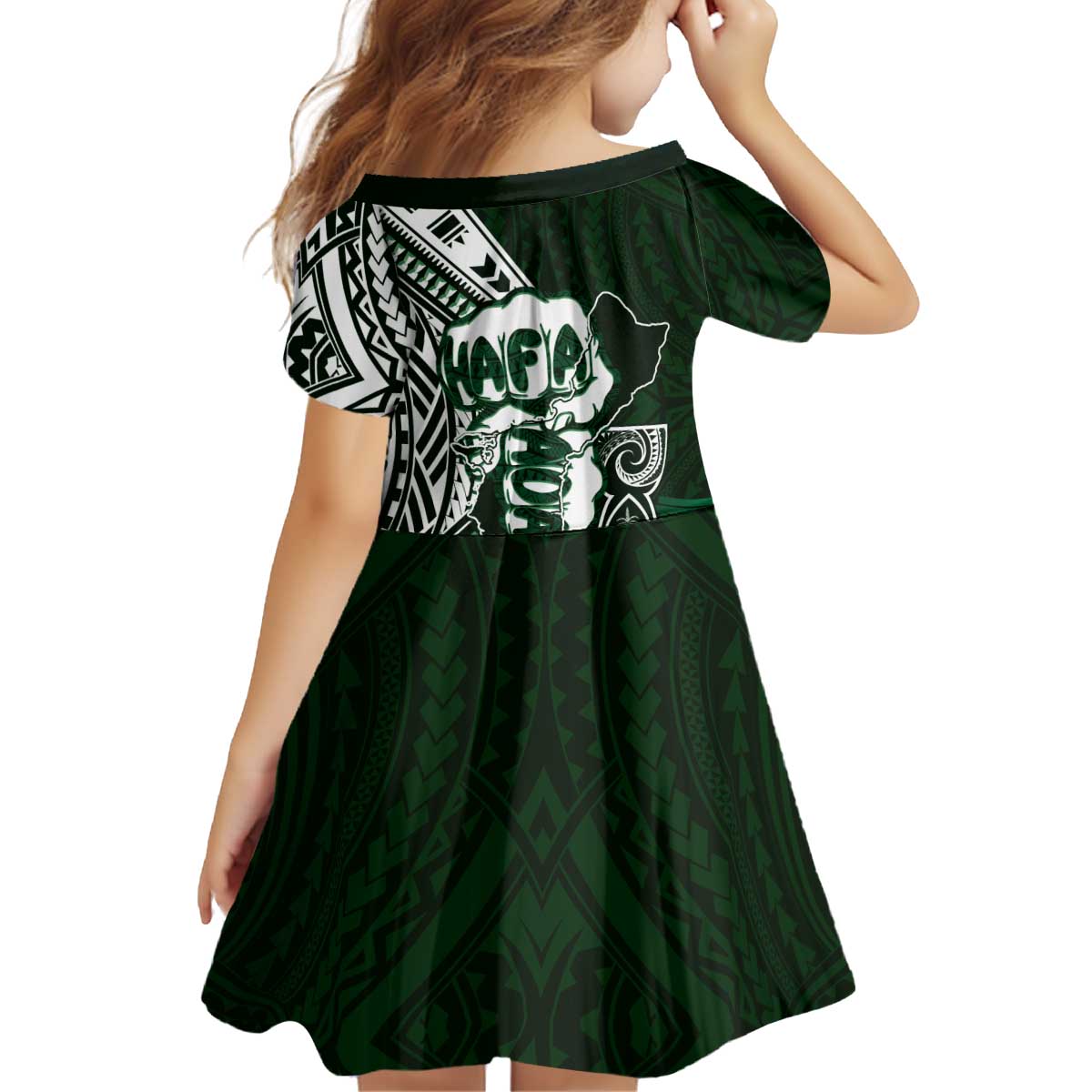 Hafa Adai Guam Discovery Day Kid Short Sleeve Dress Chamorro Latte Stone Hand Green Version