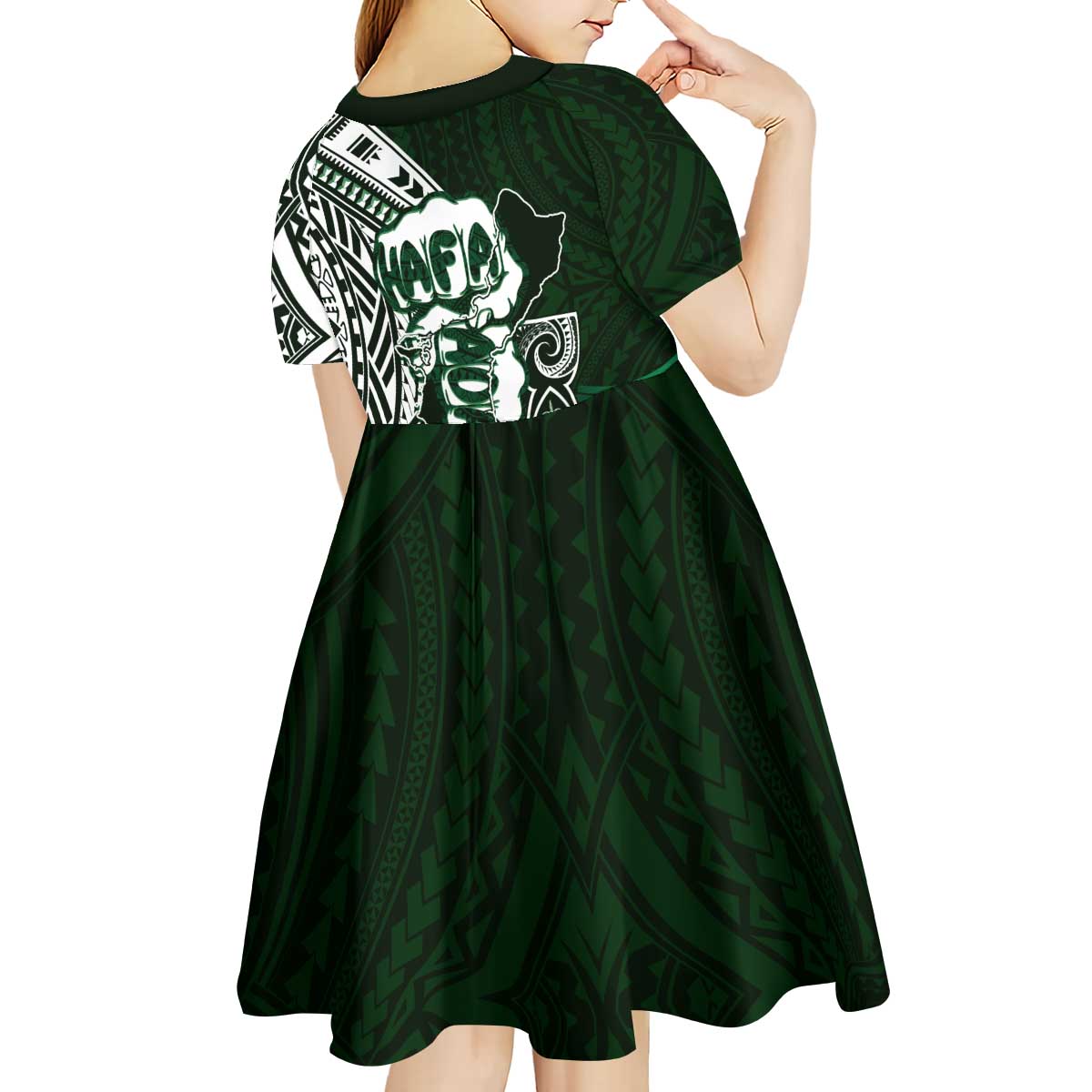 Hafa Adai Guam Discovery Day Kid Short Sleeve Dress Chamorro Latte Stone Hand Green Version