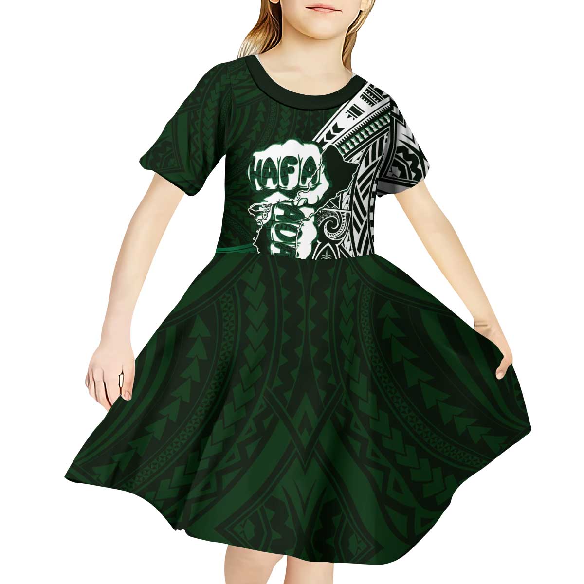 Hafa Adai Guam Discovery Day Kid Short Sleeve Dress Chamorro Latte Stone Hand Green Version