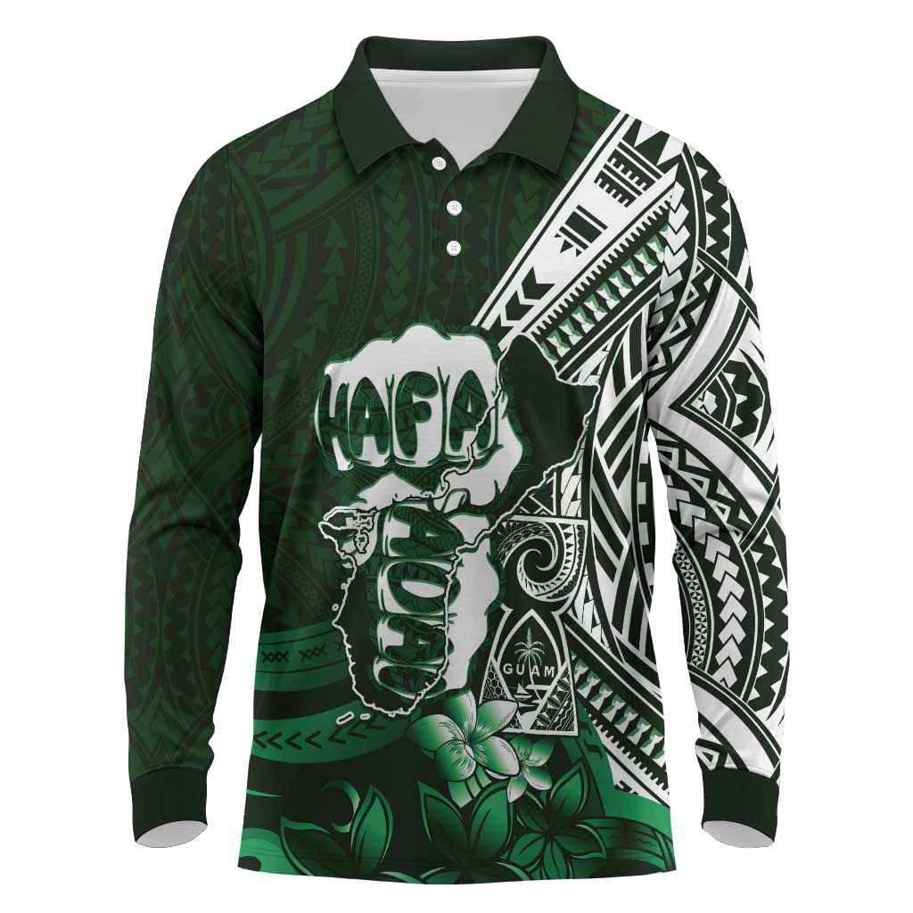 Hafa Adai Guam Discovery Day Long Sleeve Polo Shirt Chamorro Latte Stone Hand Green Version