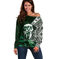 Hafa Adai Guam Discovery Day Off Shoulder Sweater Chamorro Latte Stone Hand Green Version