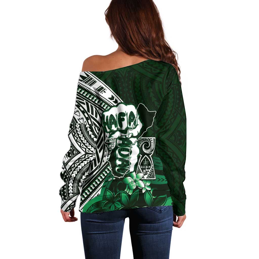Hafa Adai Guam Discovery Day Off Shoulder Sweater Chamorro Latte Stone Hand Green Version