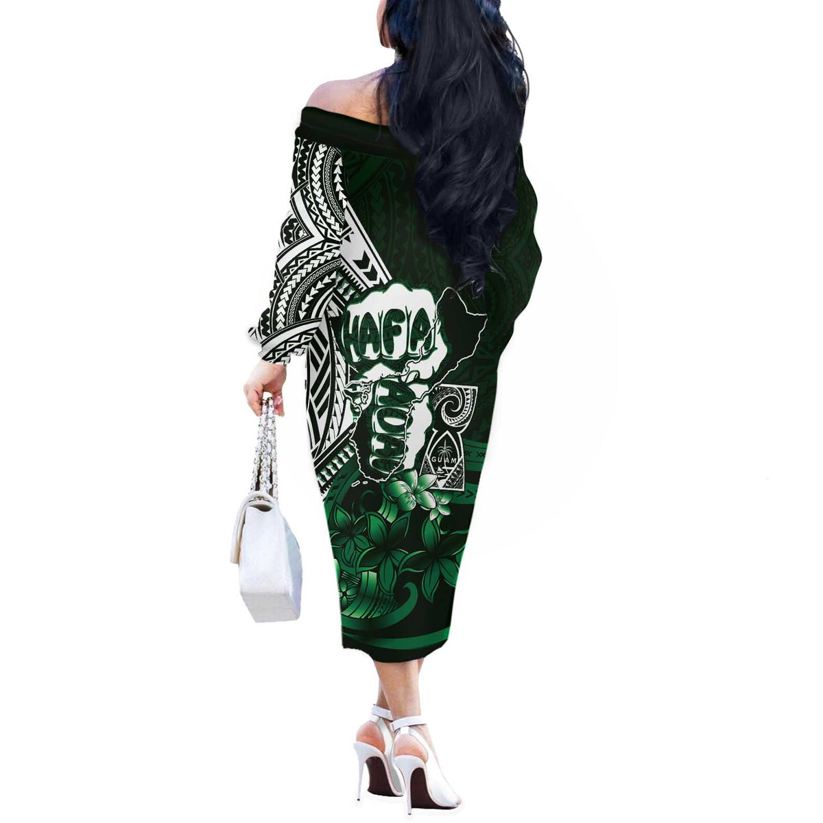 Hafa Adai Guam Discovery Day Off The Shoulder Long Sleeve Dress Chamorro Latte Stone Hand Green Version