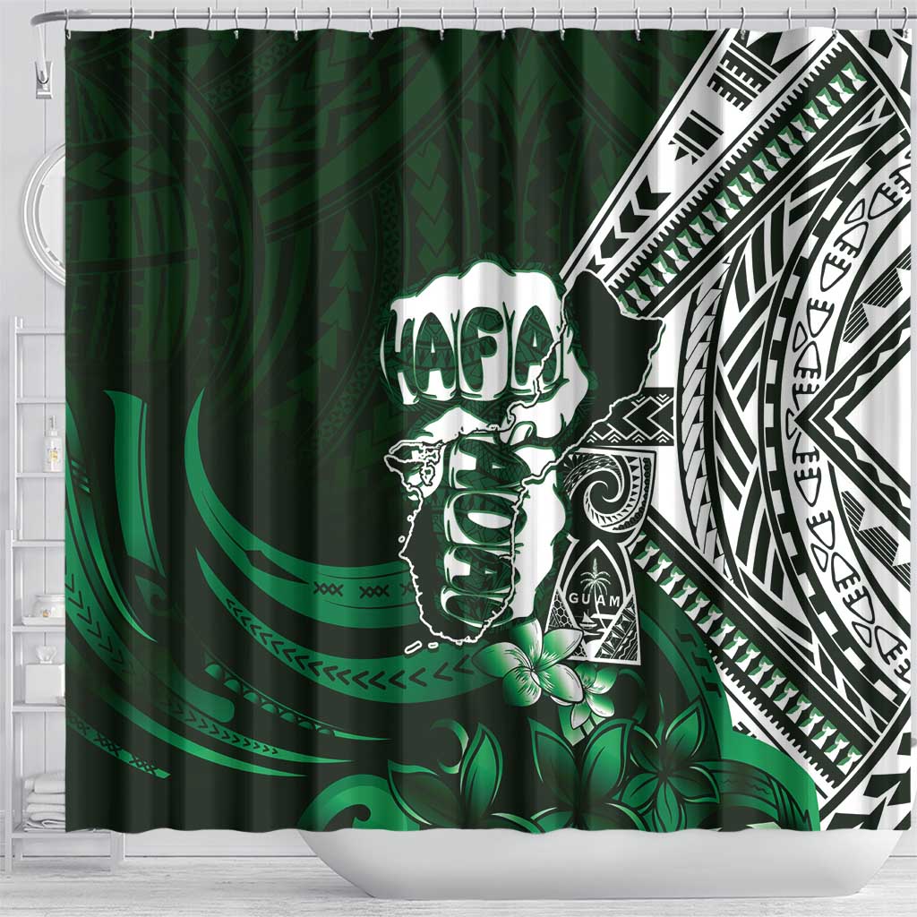 Hafa Adai Guam Discovery Day Shower Curtain Chamorro Latte Stone Hand Green Version