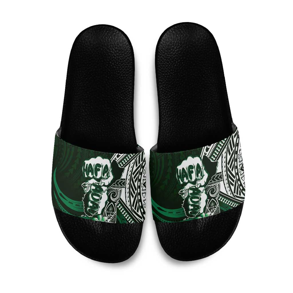 Hafa Adai Guam Discovery Day Slide Sandals Chamorro Latte Stone Hand Green Version