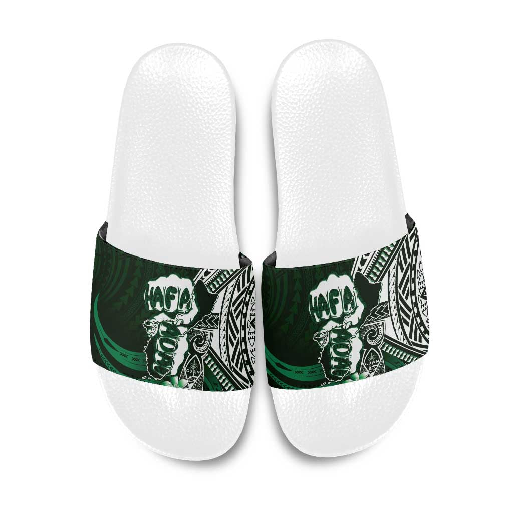 Hafa Adai Guam Discovery Day Slide Sandals Chamorro Latte Stone Hand Green Version