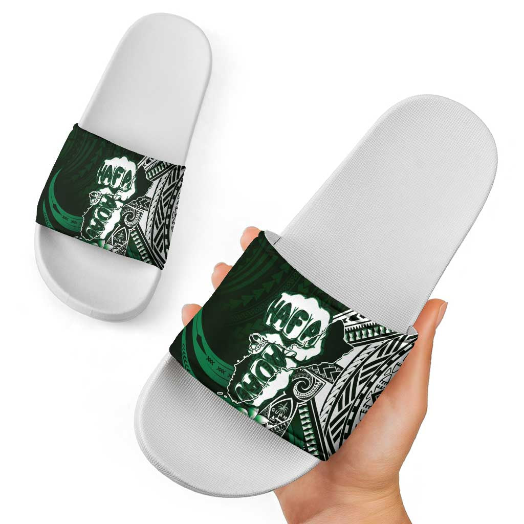 Hafa Adai Guam Discovery Day Slide Sandals Chamorro Latte Stone Hand Green Version