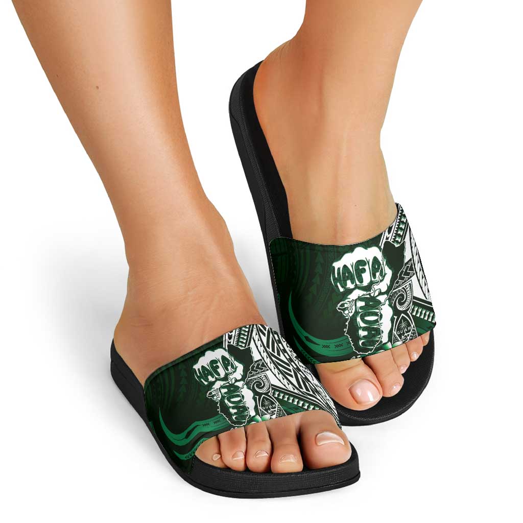 Hafa Adai Guam Discovery Day Slide Sandals Chamorro Latte Stone Hand Green Version