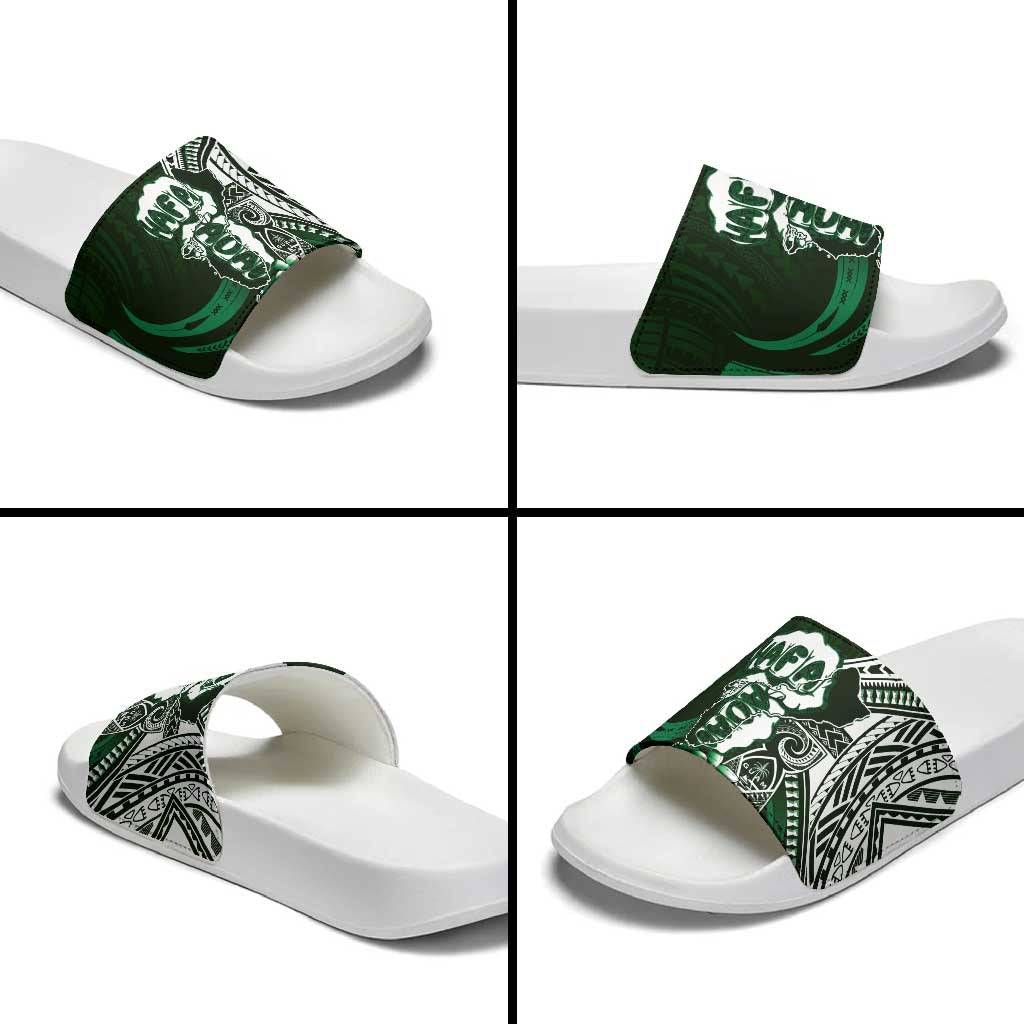 Hafa Adai Guam Discovery Day Slide Sandals Chamorro Latte Stone Hand Green Version