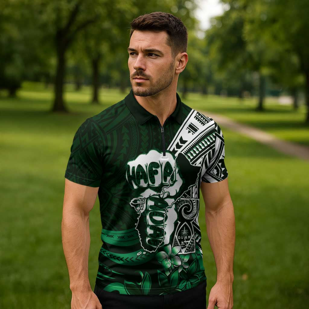 Hafa Adai Guam Discovery Day Zipper Polo Shirt Chamorro Latte Stone Hand Green Version