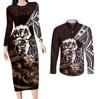Hafa Adai Guam Discovery Day Couples Matching Long Sleeve Bodycon Dress and Long Sleeve Button Shirt Chamorro Latte Stone Hand Brown Version LT14 Brown - Polynesian Pride