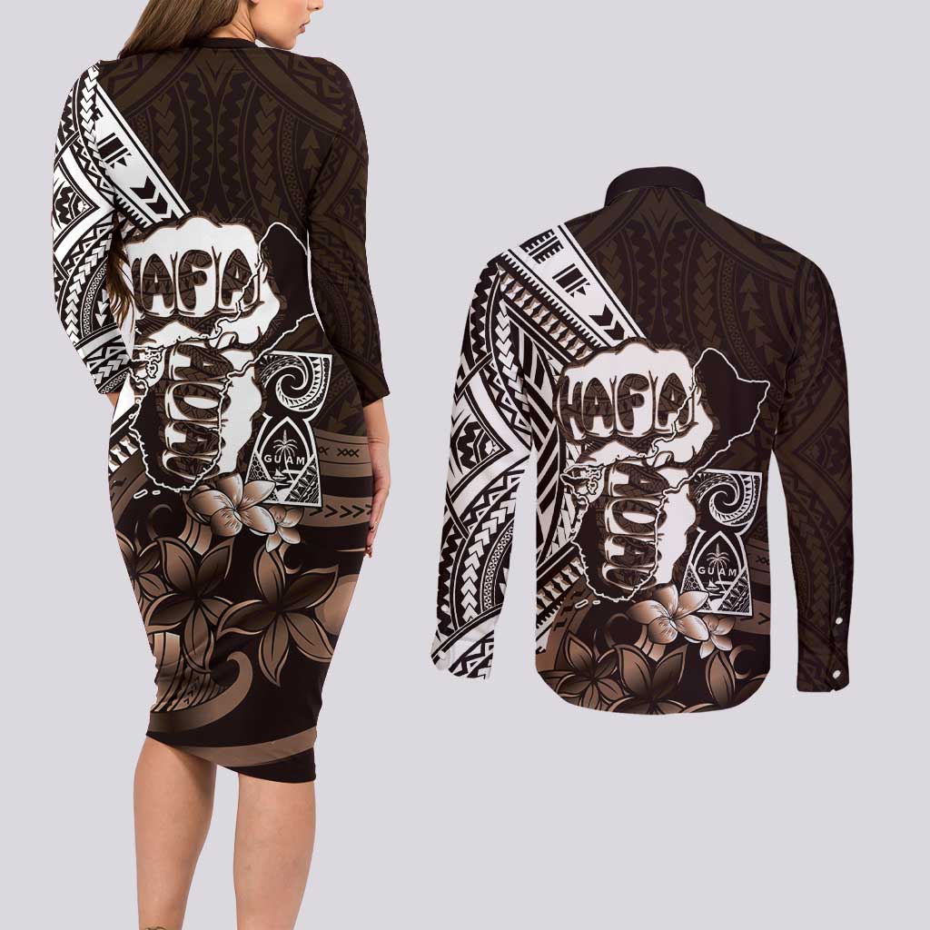 Hafa Adai Guam Discovery Day Couples Matching Long Sleeve Bodycon Dress and Long Sleeve Button Shirt Chamorro Latte Stone Hand Brown Version LT14 - Polynesian Pride