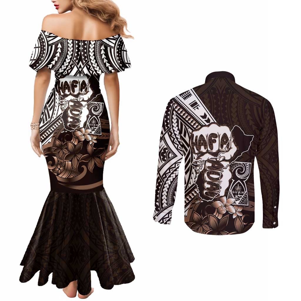 Hafa Adai Guam Discovery Day Couples Matching Mermaid Dress and Long Sleeve Button Shirt Chamorro Latte Stone Hand Brown Version
