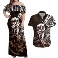 Hafa Adai Guam Discovery Day Couples Matching Off Shoulder Maxi Dress and Hawaiian Shirt Chamorro Latte Stone Hand Brown Version