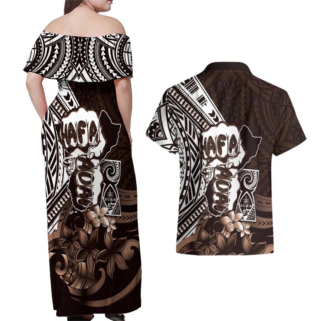 Hafa Adai Guam Discovery Day Couples Matching Off Shoulder Maxi Dress and Hawaiian Shirt Chamorro Latte Stone Hand Brown Version