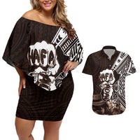 Hafa Adai Guam Discovery Day Couples Matching Off Shoulder Short Dress and Hawaiian Shirt Chamorro Latte Stone Hand Brown Version
