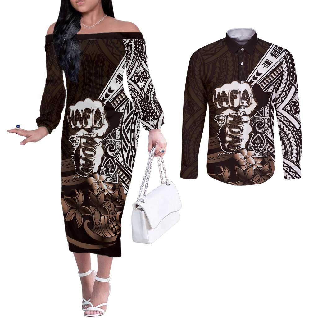 Hafa Adai Guam Discovery Day Couples Matching Off The Shoulder Long Sleeve Dress and Long Sleeve Button Shirt Chamorro Latte Stone Hand Brown Version