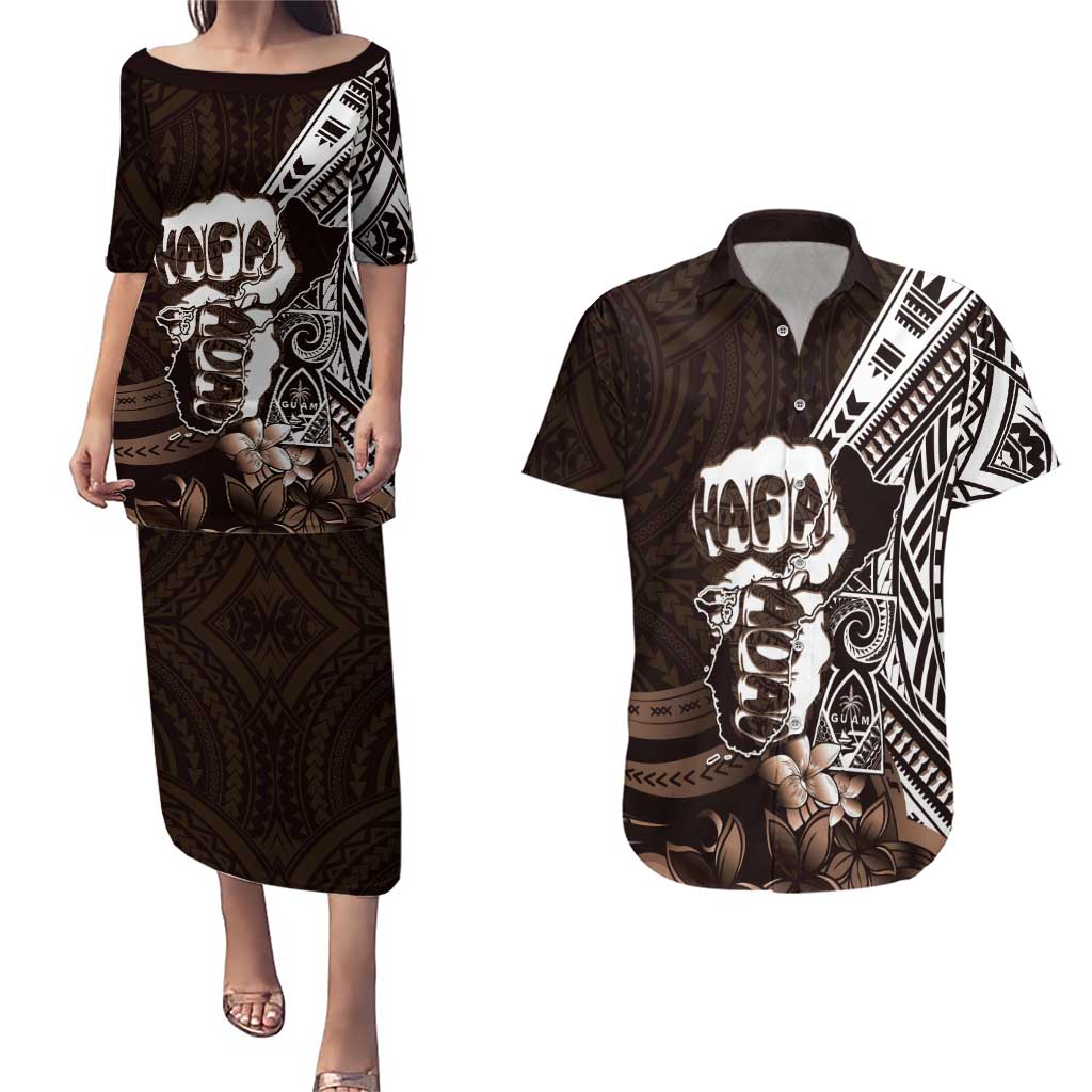 Hafa Adai Guam Discovery Day Couples Matching Puletasi and Hawaiian Shirt Chamorro Latte Stone Hand Brown Version