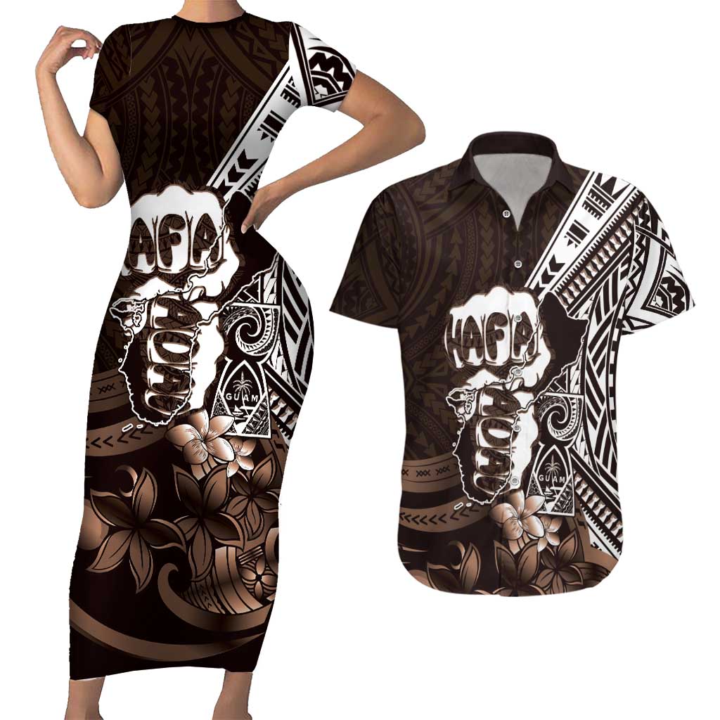 Hafa Adai Guam Discovery Day Couples Matching Short Sleeve Bodycon Dress and Hawaiian Shirt Chamorro Latte Stone Hand Brown Version LT14 Brown - Polynesian Pride