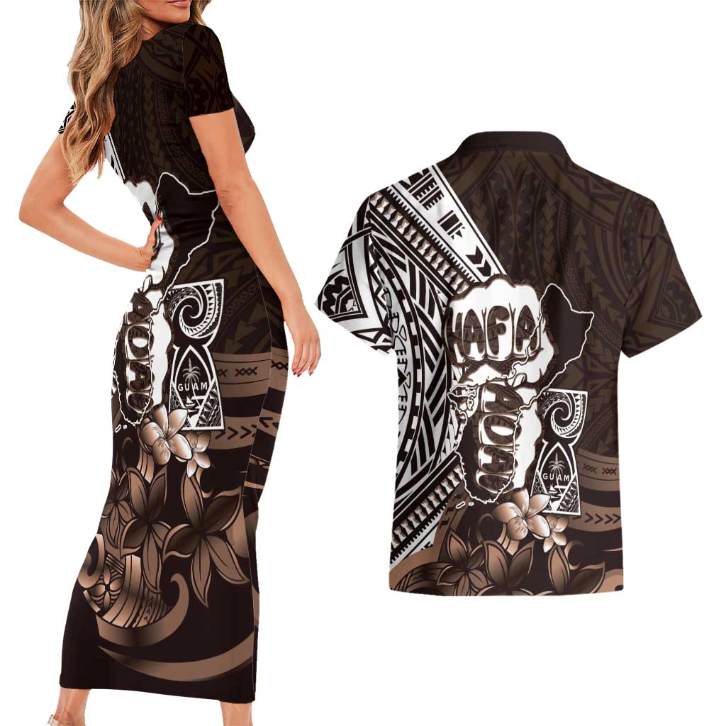 Hafa Adai Guam Discovery Day Couples Matching Short Sleeve Bodycon Dress and Hawaiian Shirt Chamorro Latte Stone Hand Brown Version LT14 - Polynesian Pride