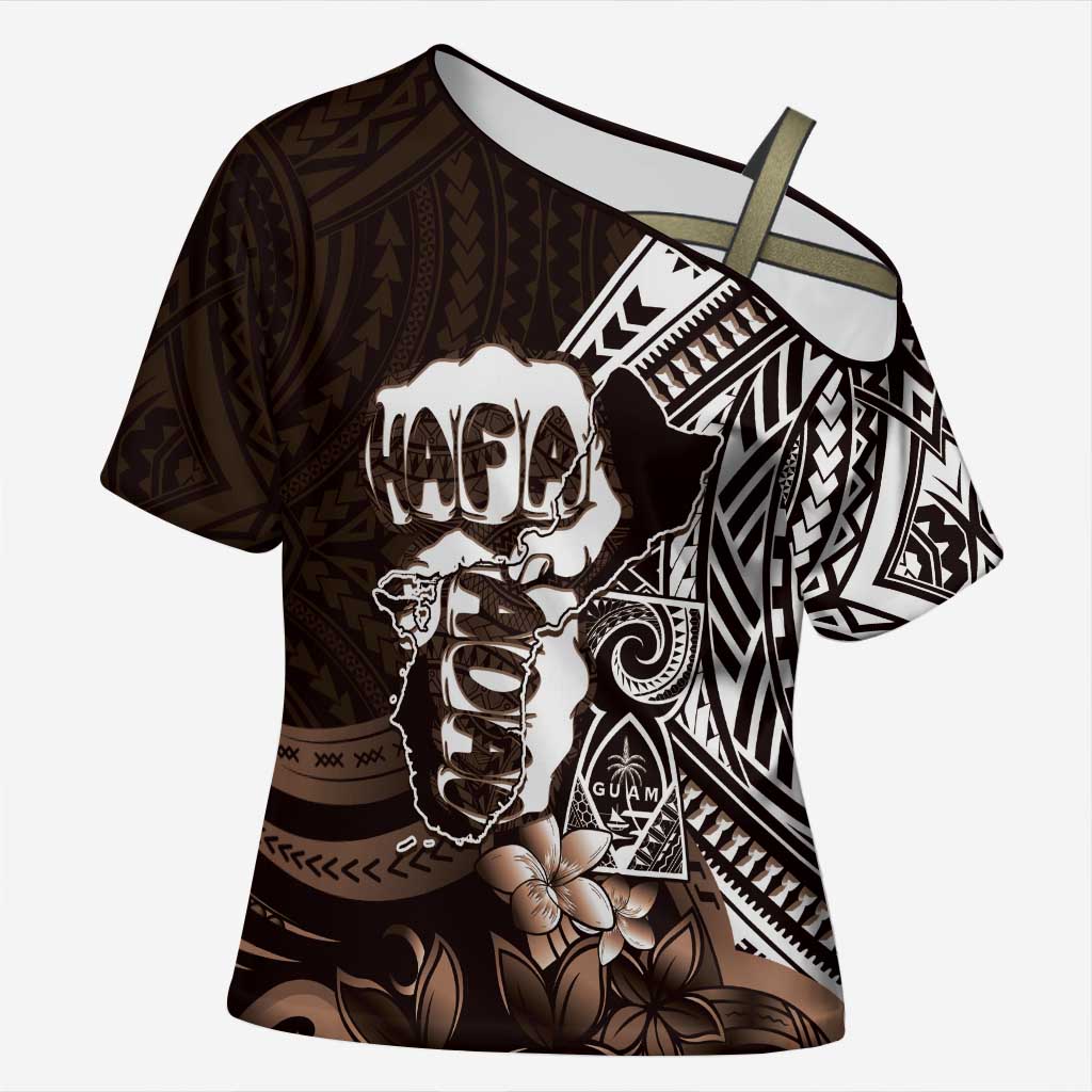 Hafa Adai Guam Discovery Day Cross Shoulder Shirt Chamorro Latte Stone Hand Brown Version