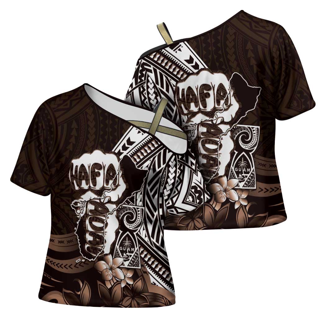 Hafa Adai Guam Discovery Day Cross Shoulder Shirt Chamorro Latte Stone Hand Brown Version