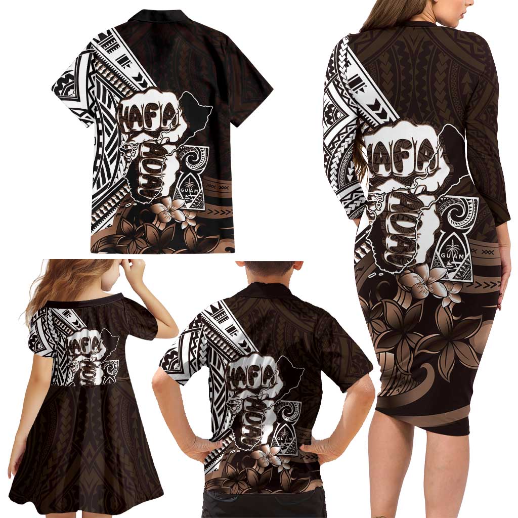 Hafa Adai Guam Discovery Day Family Matching Long Sleeve Bodycon Dress and Hawaiian Shirt Chamorro Latte Stone Hand Brown Version