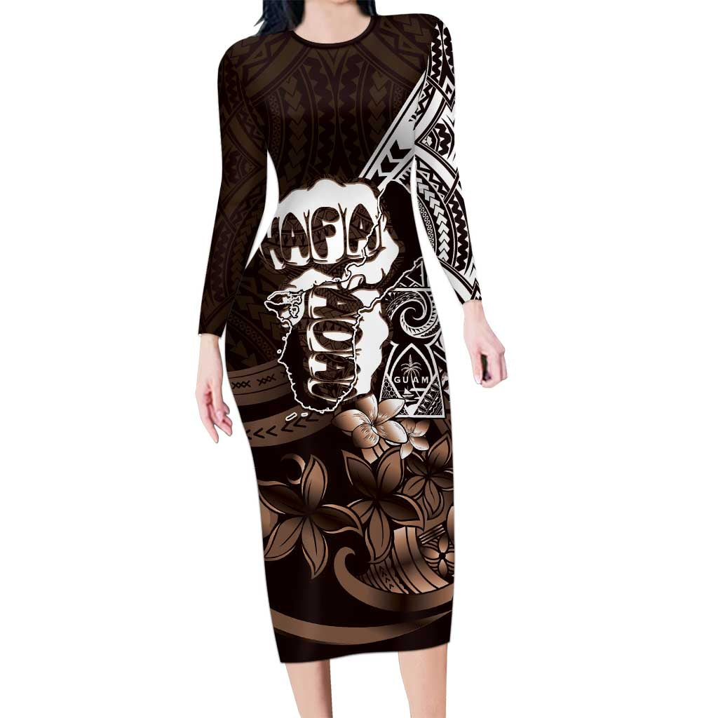 Hafa Adai Guam Discovery Day Family Matching Long Sleeve Bodycon Dress and Hawaiian Shirt Chamorro Latte Stone Hand Brown Version