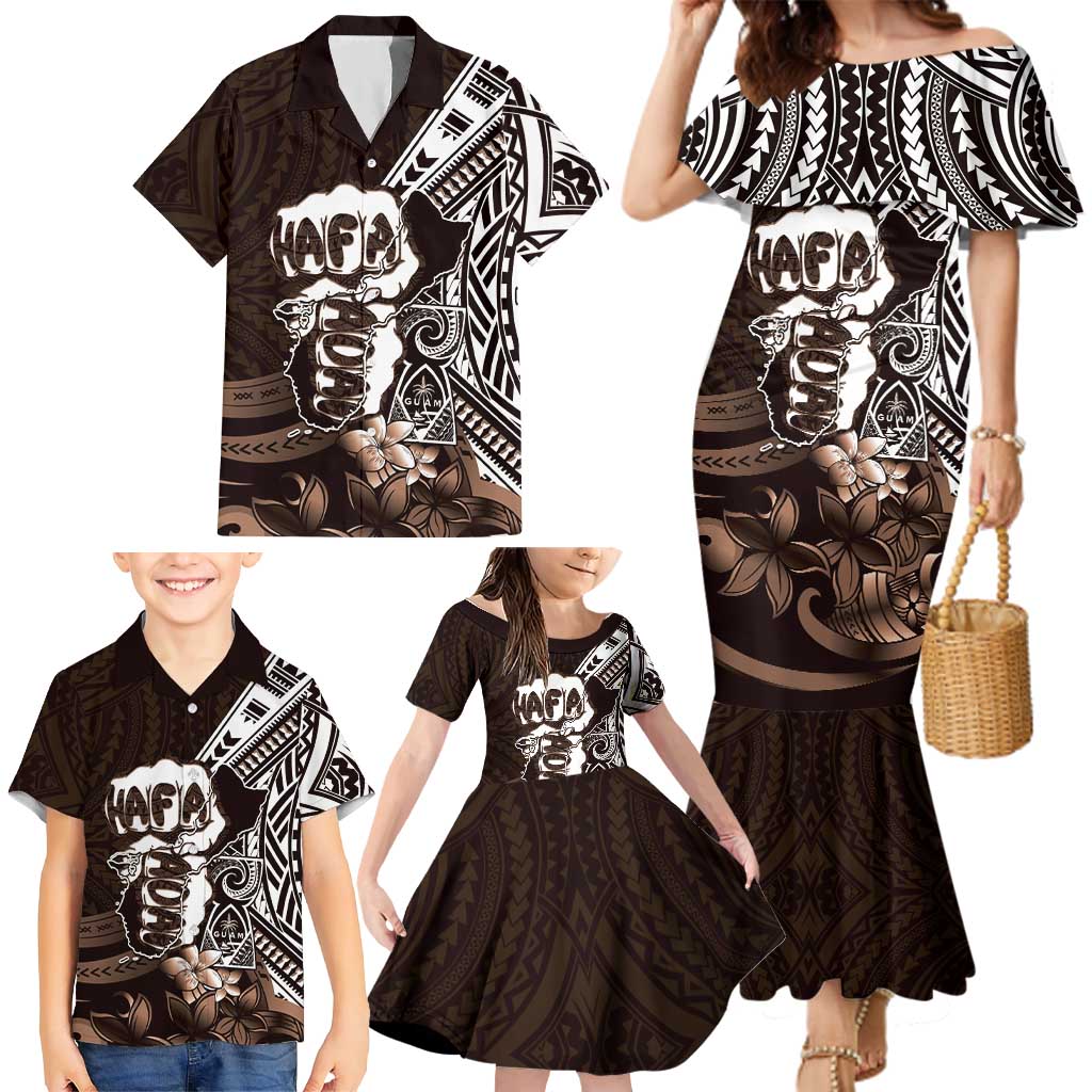 Hafa Adai Guam Discovery Day Family Matching Mermaid Dress and Hawaiian Shirt Chamorro Latte Stone Hand Brown Version