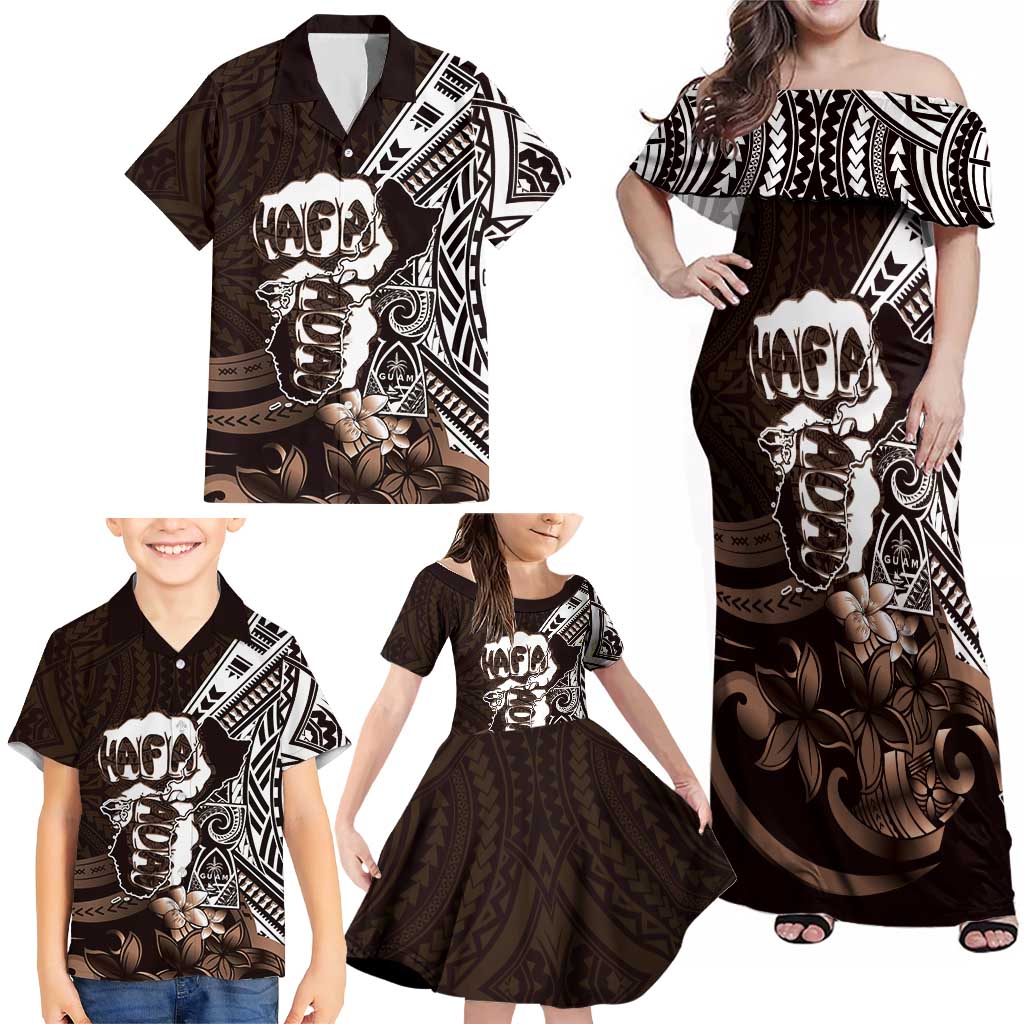 Hafa Adai Guam Discovery Day Family Matching Off Shoulder Maxi Dress and Hawaiian Shirt Chamorro Latte Stone Hand Brown Version