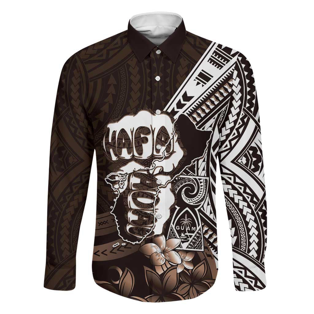 Hafa Adai Guam Discovery Day Family Matching Off Shoulder Maxi Dress and Hawaiian Shirt Chamorro Latte Stone Hand Brown Version LT14 Dad's Shirt - Long Sleeve Brown - Polynesian Pride