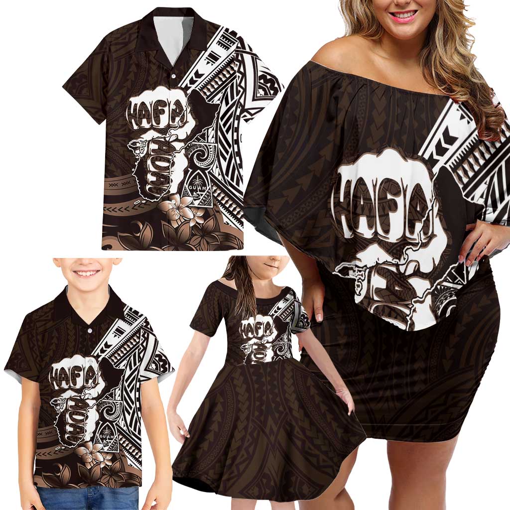 Hafa Adai Guam Discovery Day Family Matching Off Shoulder Short Dress and Hawaiian Shirt Chamorro Latte Stone Hand Brown Version