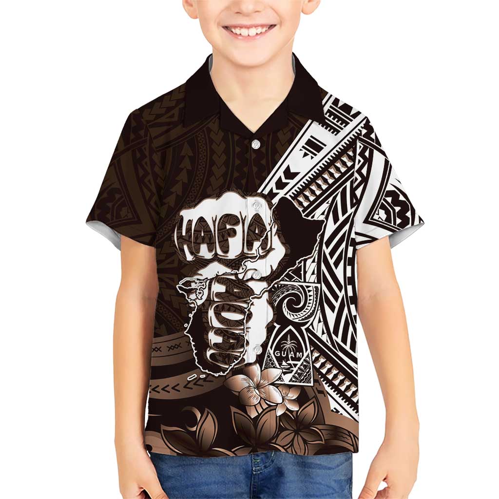 Hafa Adai Guam Discovery Day Family Matching Off Shoulder Short Dress and Hawaiian Shirt Chamorro Latte Stone Hand Brown Version LT14 Son's Shirt Brown - Polynesian Pride