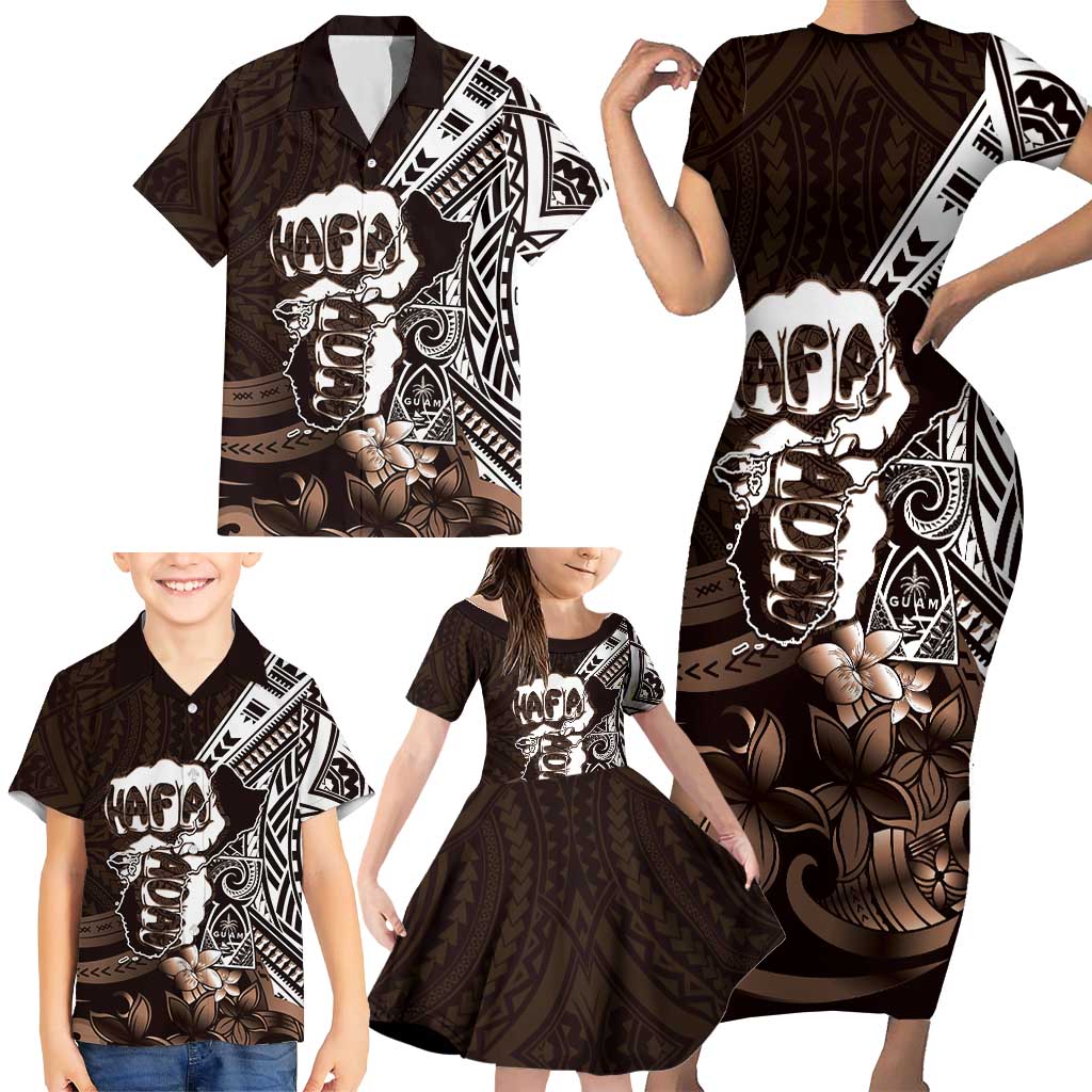 Hafa Adai Guam Discovery Day Family Matching Short Sleeve Bodycon Dress and Hawaiian Shirt Chamorro Latte Stone Hand Brown Version