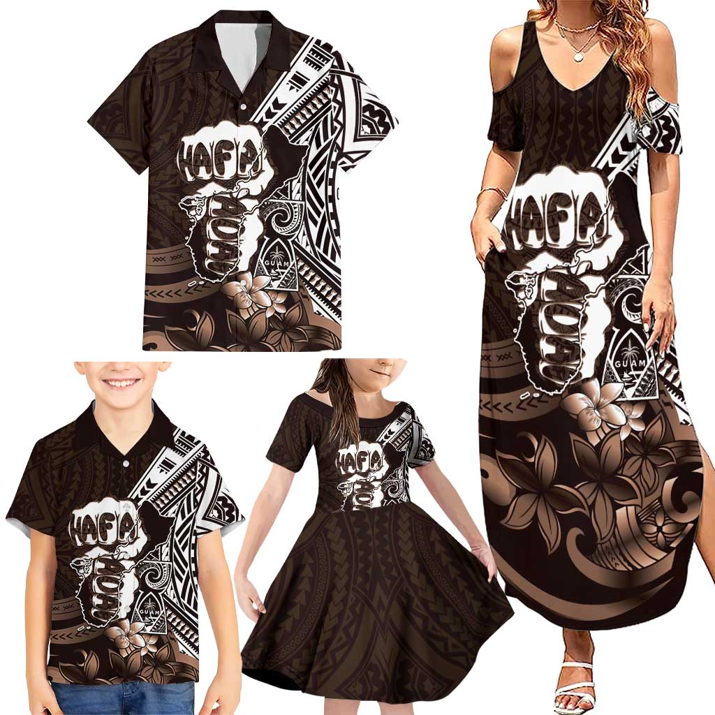 Hafa Adai Guam Discovery Day Family Matching Summer Maxi Dress and Hawaiian Shirt Chamorro Latte Stone Hand Brown Version