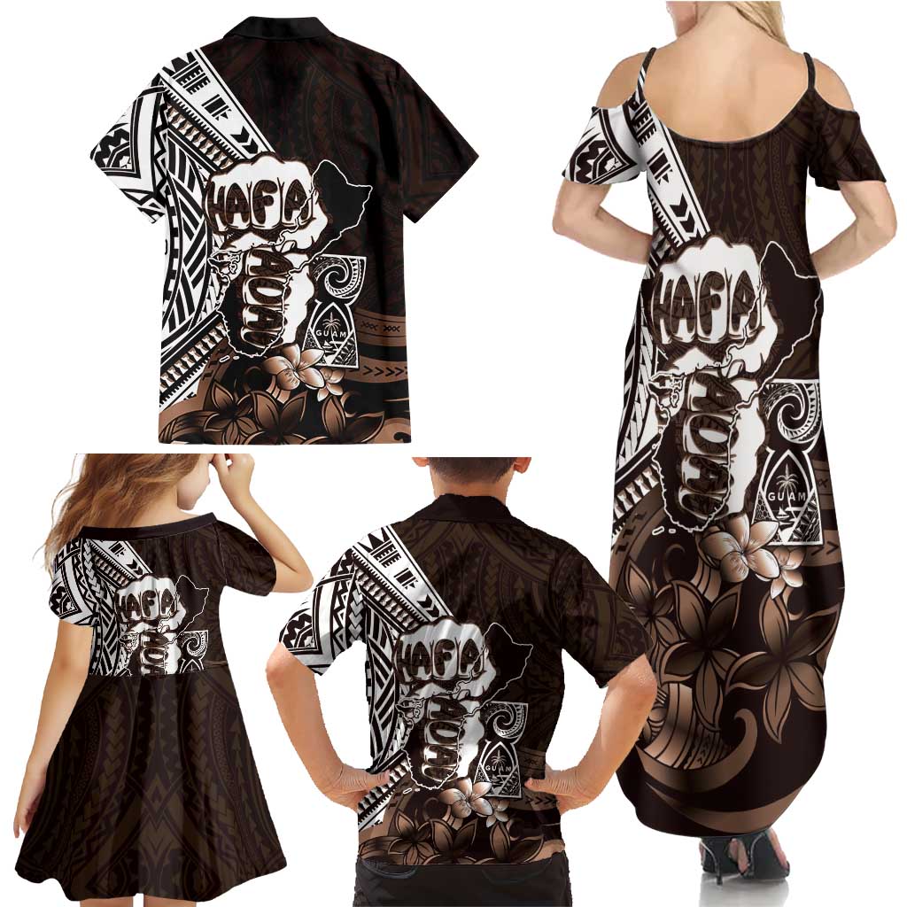 Hafa Adai Guam Discovery Day Family Matching Summer Maxi Dress and Hawaiian Shirt Chamorro Latte Stone Hand Brown Version