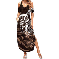 Hafa Adai Guam Discovery Day Family Matching Summer Maxi Dress and Hawaiian Shirt Chamorro Latte Stone Hand Brown Version