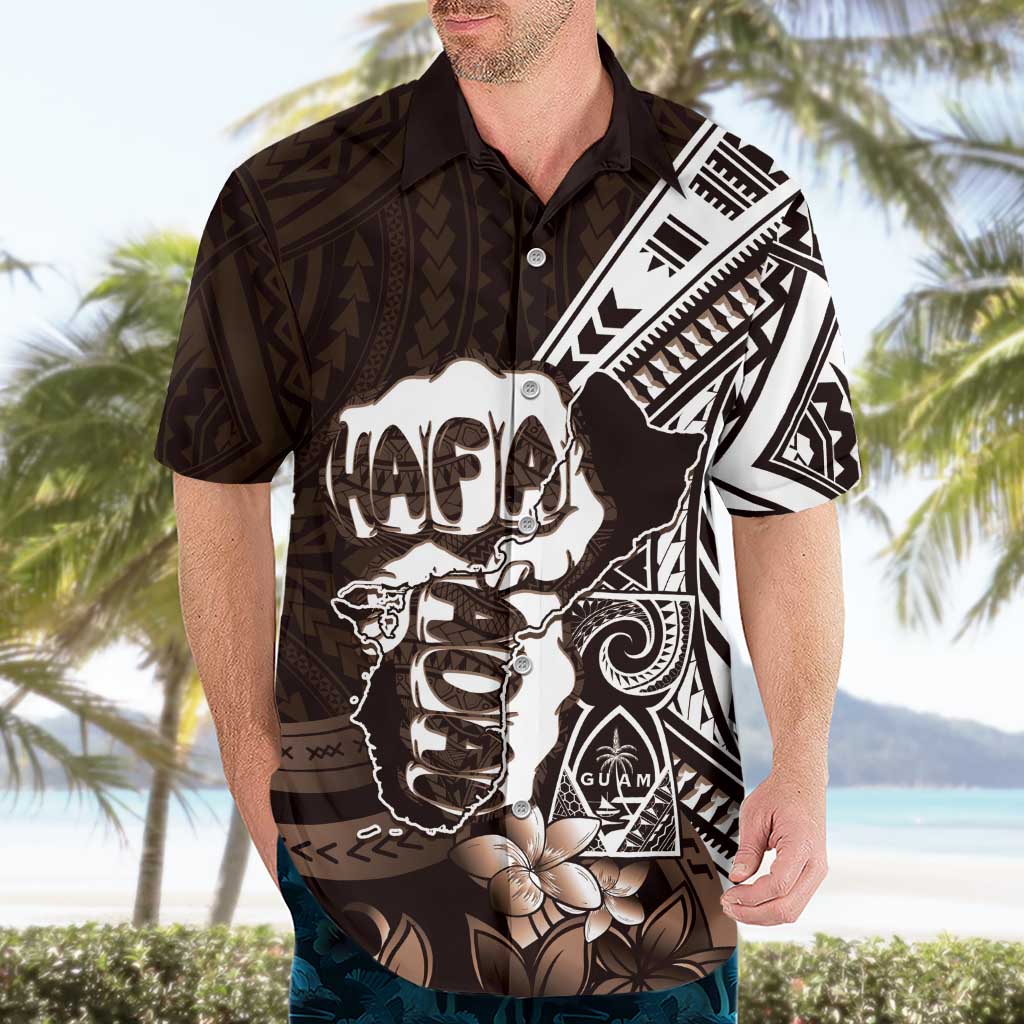 Hafa Adai Guam Discovery Day Hawaiian Shirt Chamorro Latte Stone Hand Brown Version