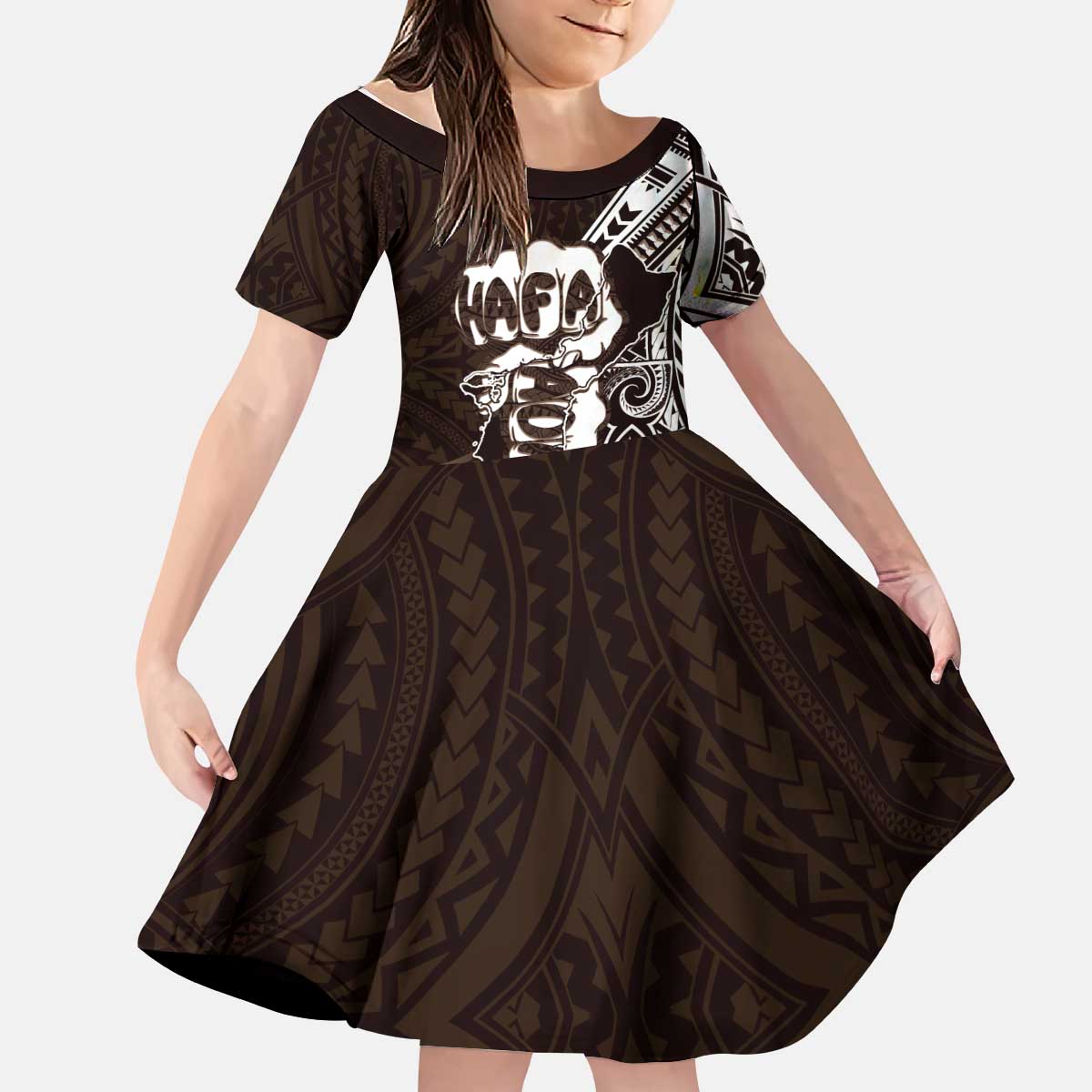 Hafa Adai Guam Discovery Day Kid Short Sleeve Dress Chamorro Latte Stone Hand Brown Version