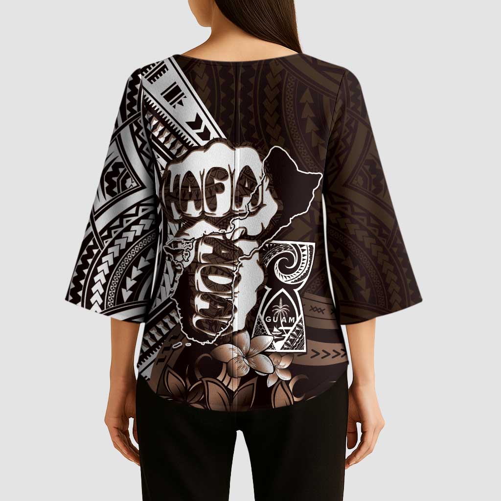 Hafa Adai Guam Discovery Day Kimono Sleeve Blouse Chamorro Latte Stone Hand Brown Version