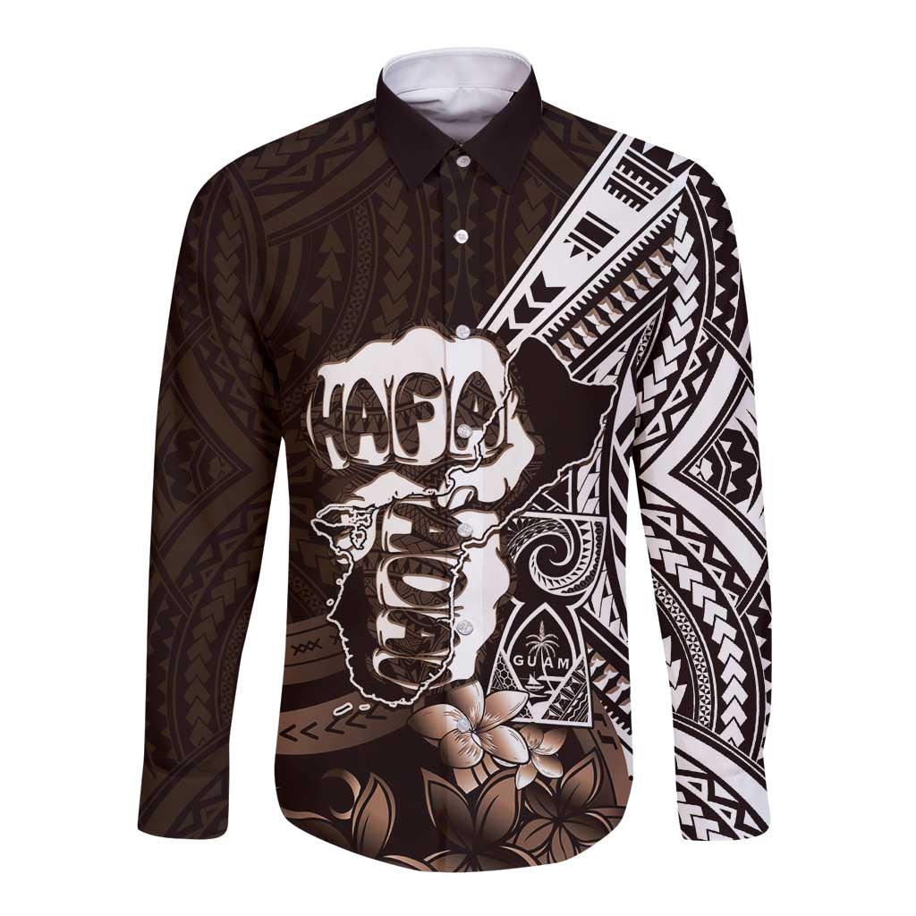 Hafa Adai Guam Discovery Day Long Sleeve Button Shirt Chamorro Latte Stone Hand Brown Version
