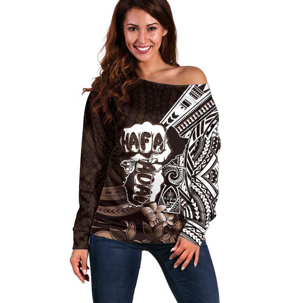 Hafa Adai Guam Discovery Day Off Shoulder Sweater Chamorro Latte Stone Hand Brown Version