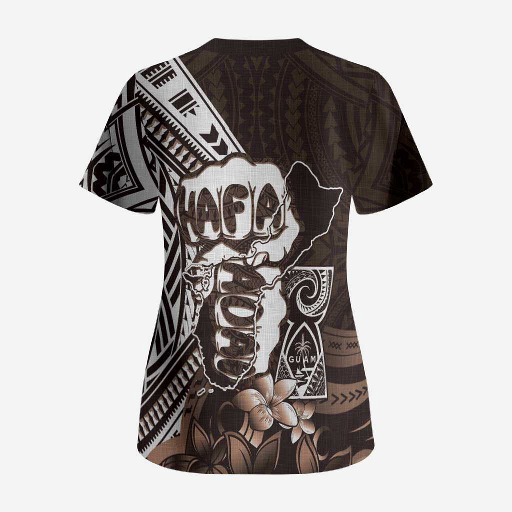 Hafa Adai Guam Discovery Day Scrub Top Chamorro Latte Stone Hand Brown Version