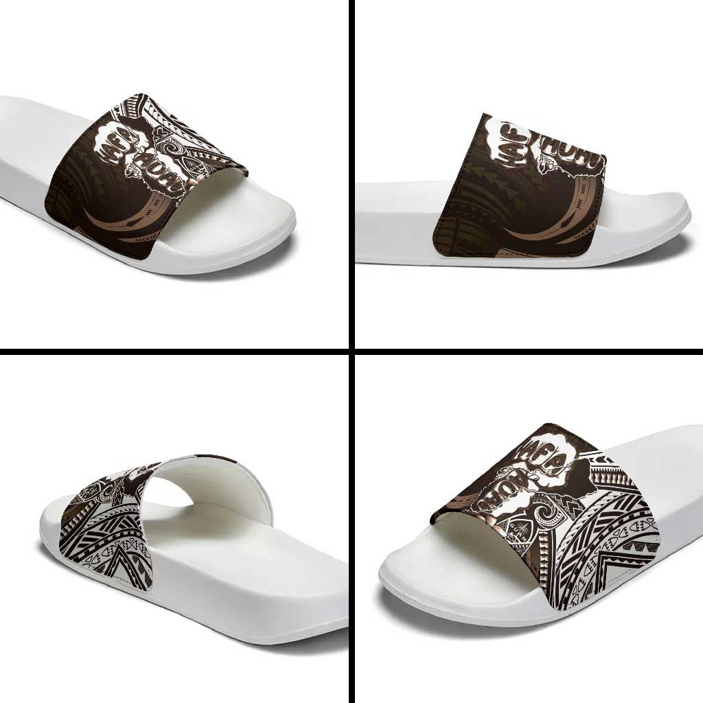 Hafa Adai Guam Discovery Day Slide Sandals Chamorro Latte Stone Hand Brown Version