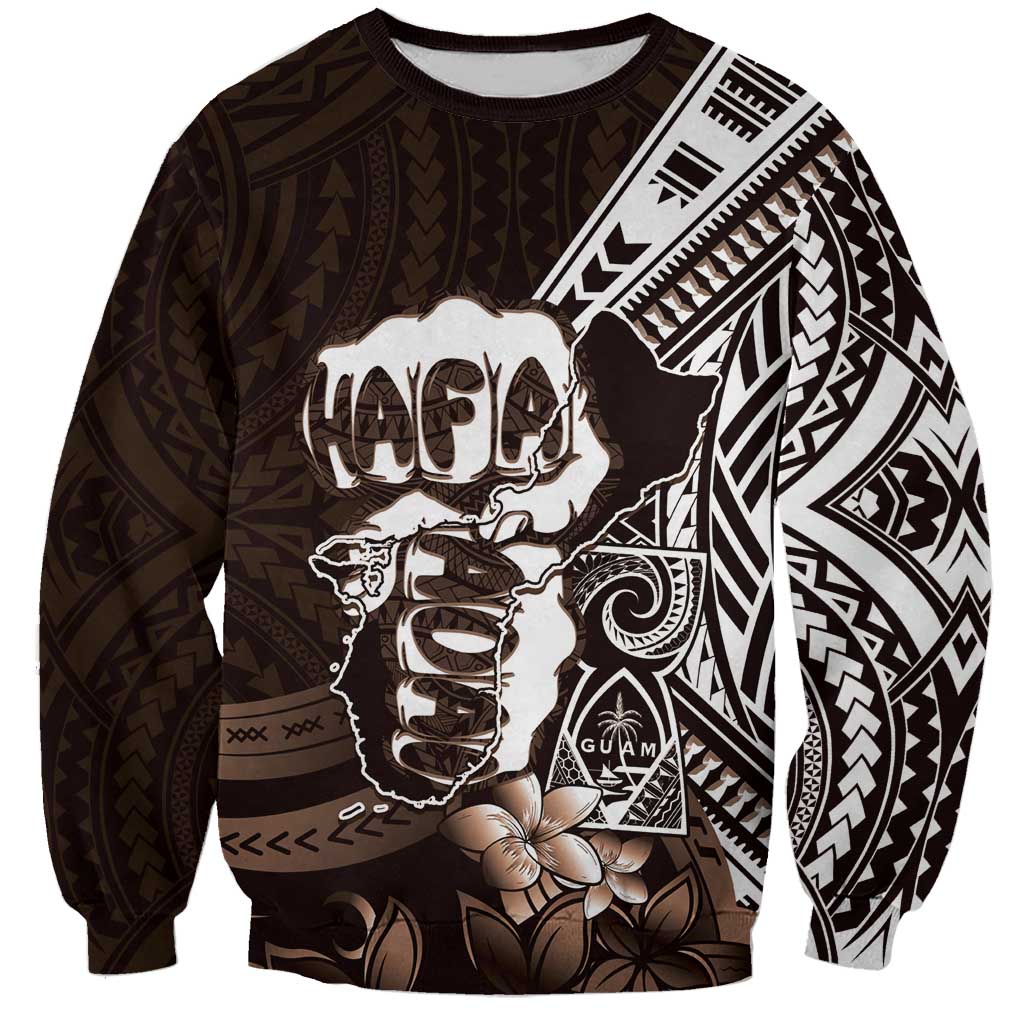 Hafa Adai Guam Discovery Day Sweatshirt Chamorro Latte Stone Hand Brown Version