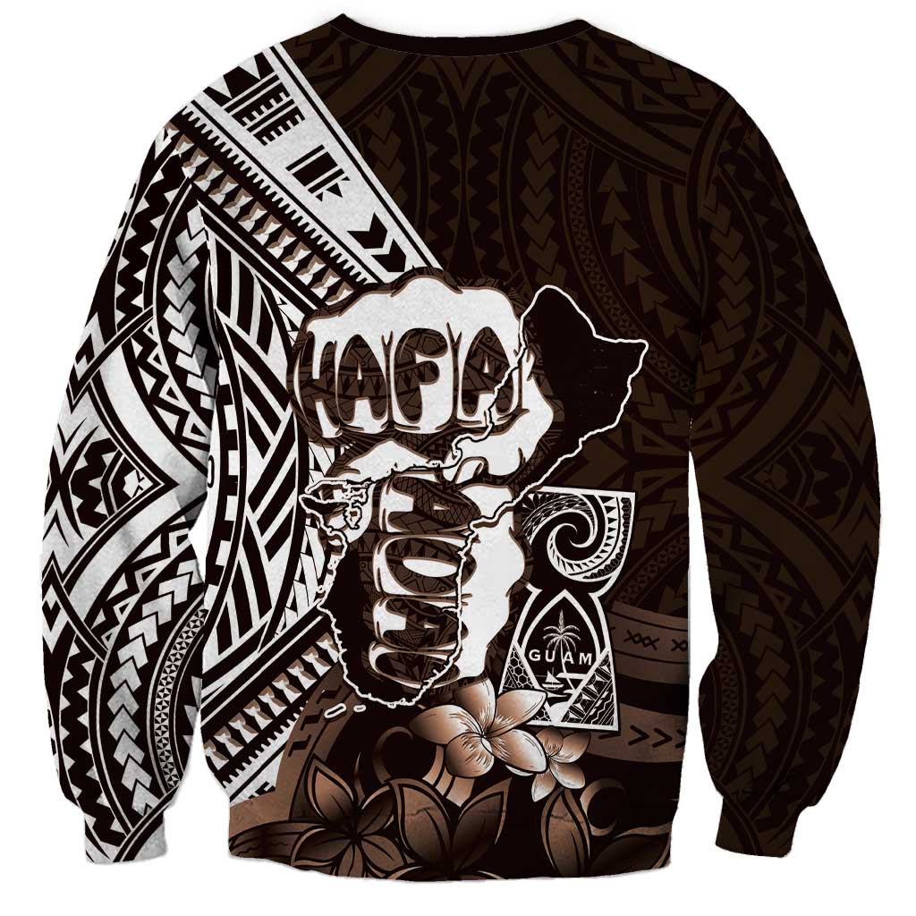 Hafa Adai Guam Discovery Day Sweatshirt Chamorro Latte Stone Hand Brown Version