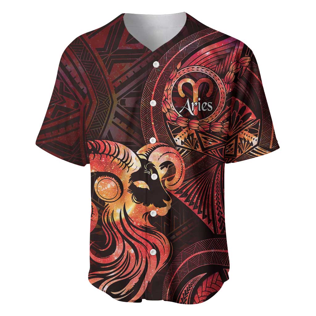 Personalised Polynesia Zodiac Aries Baseball Jersey Galaxy Polynesian Pattern Chest Tattoo Style LT14 Red - Polynesian Pride