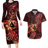 Personalised Polynesia Zodiac Aries Couples Matching Long Sleeve Bodycon Dress and Hawaiian Shirt Galaxy Polynesian Pattern Chest Tattoo Style