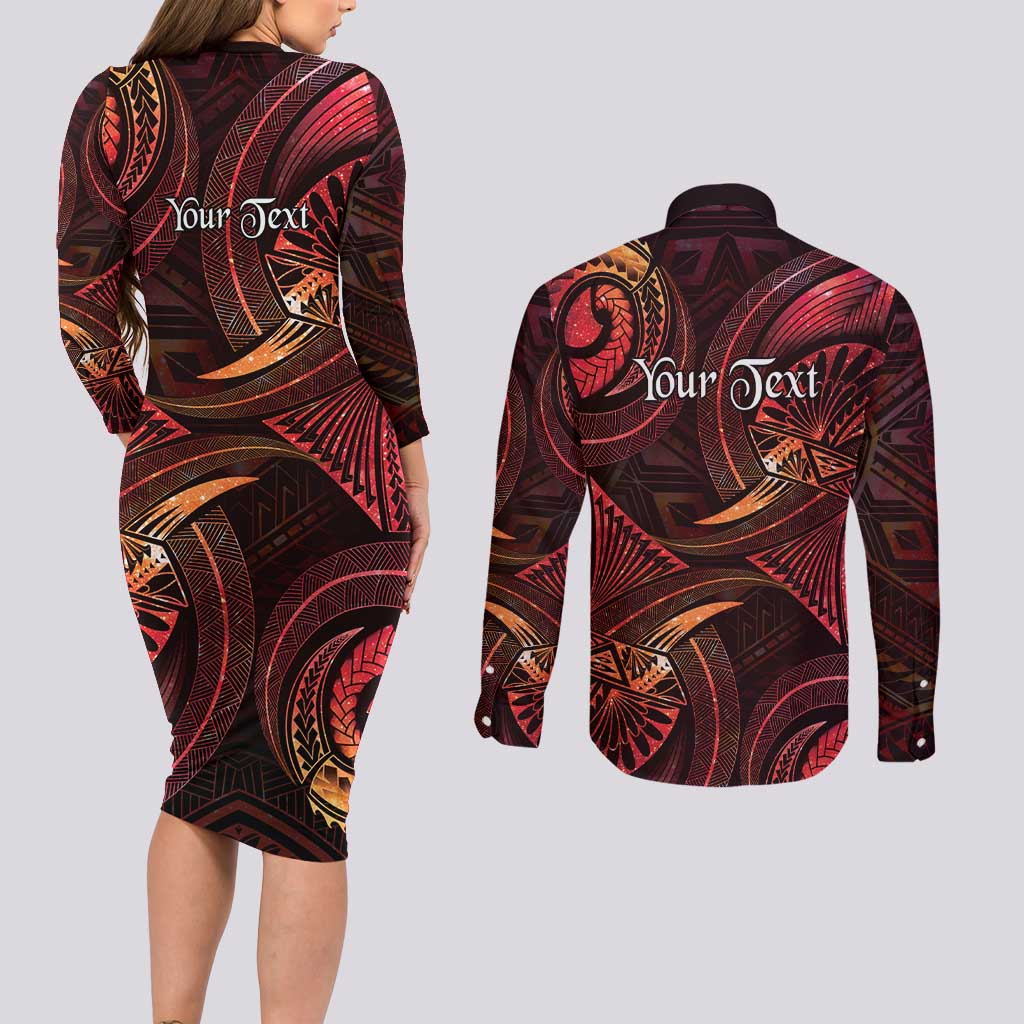 Personalised Polynesia Zodiac Aries Couples Matching Long Sleeve Bodycon Dress and Long Sleeve Button Shirt Galaxy Polynesian Pattern Chest Tattoo Style