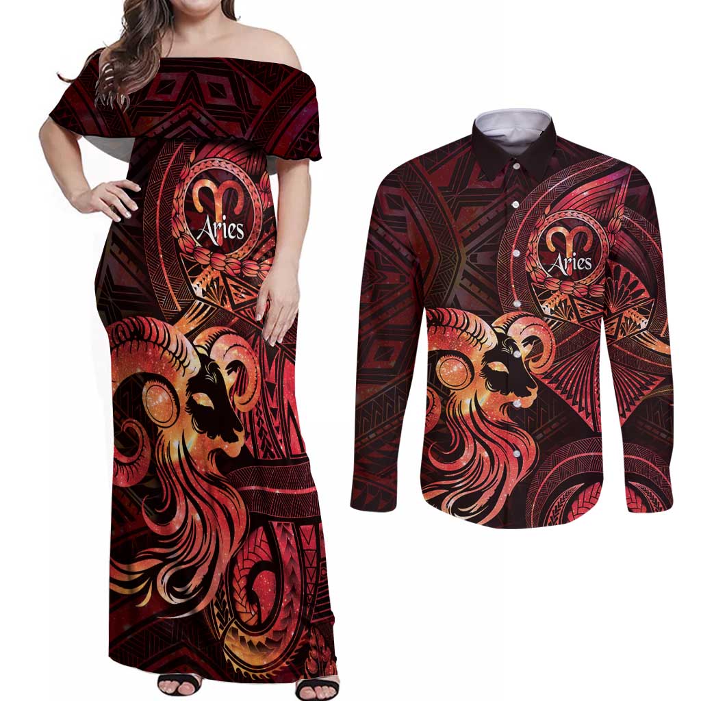 Personalised Polynesia Zodiac Aries Couples Matching Off Shoulder Maxi Dress and Long Sleeve Button Shirt Galaxy Polynesian Pattern Chest Tattoo Style
